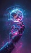 © Georgii - Futuristic AI robot hand holding glowing Earth globe in digital cyberspace