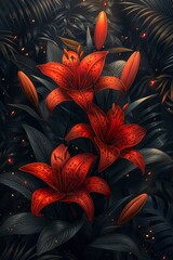 Wall Mural - Elegant Red Lilies in Dark Foliage With Glowing Particles
