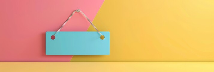 Poster - Abstract Colorful Hanging Banner on Pastel Background - A cyan rectangular sign hanging against a vibrant two-tone wall with yellow and pink pastel colors.