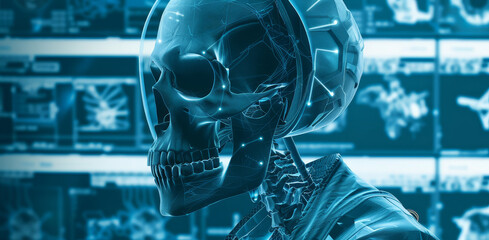 Poster - Futuristic Robotic Skull in High-Tech Environment with Blue Vibes - A digital artwork featuring a robotic skull in a high-tech environment, immersed in a blue and cyan color palette.
