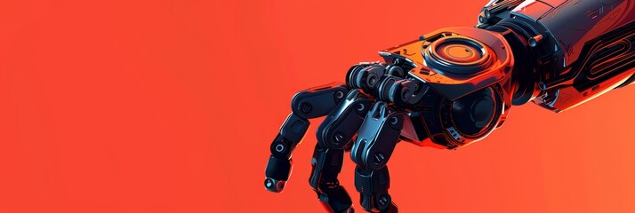 Poster - Futuristic Robotic Arm with Intricate Mechanical Detailing on Red Background - A highly detailed futuristic robotic arm with complex mechanics, set against a bold red backdrop. Sleek and modern design