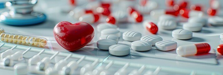 Poster - Close-up of heart medication pills, capsules, and a red heart on a clinical background. Generative AI