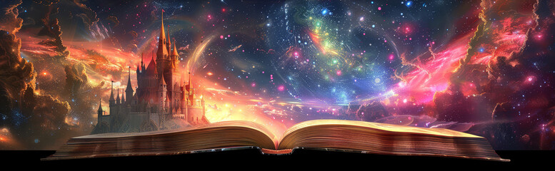 Magical Open Book with Castle and Vibrant Galaxy in Background - An enchanted book opens to reveal a glowing castle, with a vast and colorful galaxy lighting up the night sky.