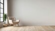 © free - Interior home of living room with beige armchair on white wall copy space mock up, hardwood floor