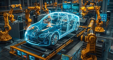 Poster - Futuristic car factory with robotic arms assembling a high-tech vehicle