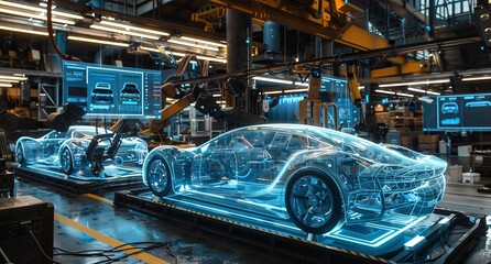 Poster - Futuristic car factory with robotic arms assembling high-tech holographic vehicles