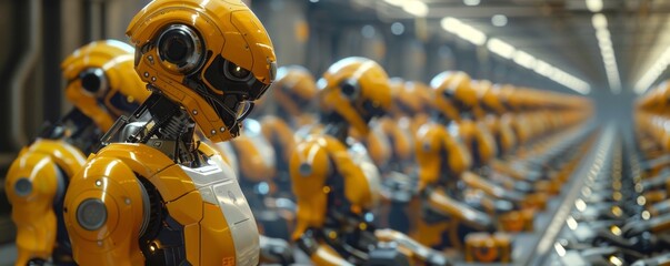 Poster - A futuristic factory with robotic arms in an assembly line producing high-tech robots