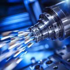 Poster - cnc lathe tool spinning fast, with glowing cutting edge in sharp focus for precision machining
