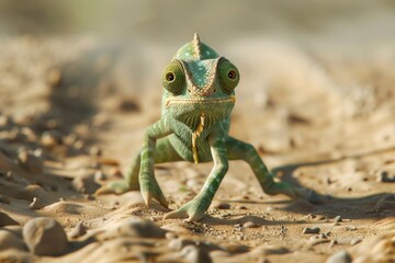 Chameleon is crossing a sand road . Eyes are pointing in two different directions making a humorous and funny image. Front view with head tail and 4 legs showing with bright green skin