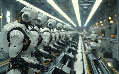 Poster - A group of advanced robotic arms working in a high-tech automated factory assembly line