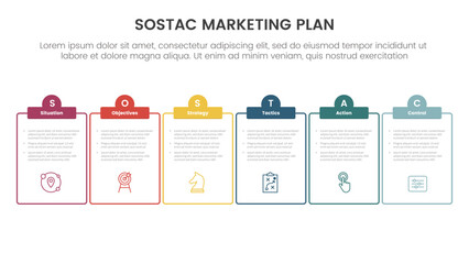 SOSTAC marketing planning model infographic with outline table and half circle header with 6 step points for slide presentation