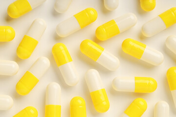 Wall Mural - Many antibiotic pills on white background, top view