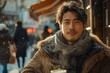 © DachAI - A handsome man with a warm smile enjoying a cup of coffee outdoors in a bustling city during winter