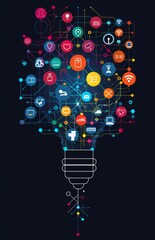 Poster - Light bulb composed of various colorful social media and technology icons on dark background