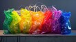 © Dinaaf - plastic bag with a white string handle, each filled with different colors of transparent rainbow colored bags on a table