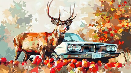 Poster - Majestic Deer Beside Vintage Car Adorned with Autumn Leaves and Apples