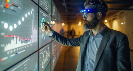Poster - Businessman in smart glasses analyzing digital graphs on a large screen in an office