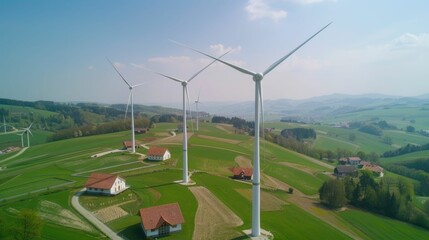 Picturesque rural landscape with rows of towering wind turbines harvesting clean renewable energy to power the surrounding countryside  This image represents the transition towards sustainable