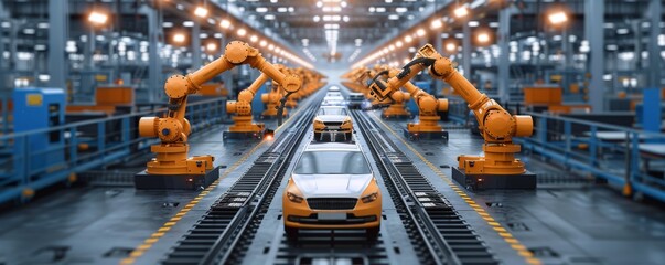 Poster - Modern car factory with robotic arms on assembly line producing vehicles