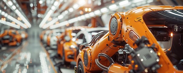 Poster - Modern car factory with advanced robotic arms assembling vehicles in an automated production line