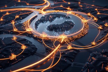 Poster - Detailed close up of microchip circuits with ethereal glow for enhanced search relevance