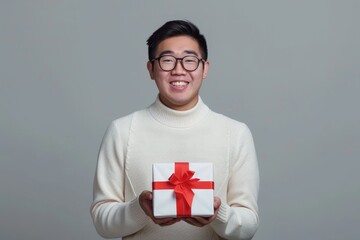 Wall Mural - Portrait of a grinning asian man in his 20s holding a gift on blank studio backdrop