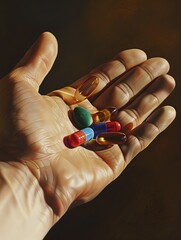 Leinwandbilder - A close-up shot of an open palm holding several colorful pills. The background is softly blurred, creating an intimate and caring atmosphere. Generative AI