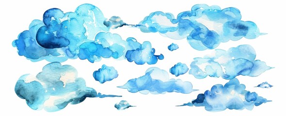 Wall Mural - Isolated on white background, blue watercolor clouds. Grunge bubble poster. Graphic collection. Paper texture paint.