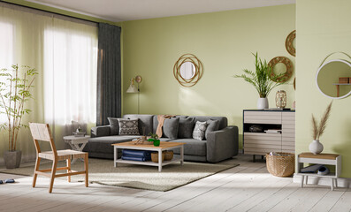 Wall Mural - Cozy living room interior with green walls. Modern design solution, 3d rendering