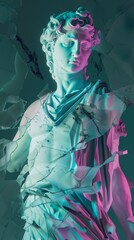 Neon Lit Classical Marble Statue with Broken Glass and Modern Art Aesthetic