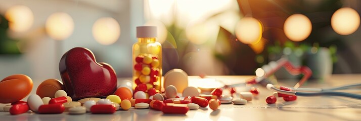 Aufkleber - Close-up of assorted heart medications, including pills and capsules, alongside a stethoscope on a clean table. Generative AI