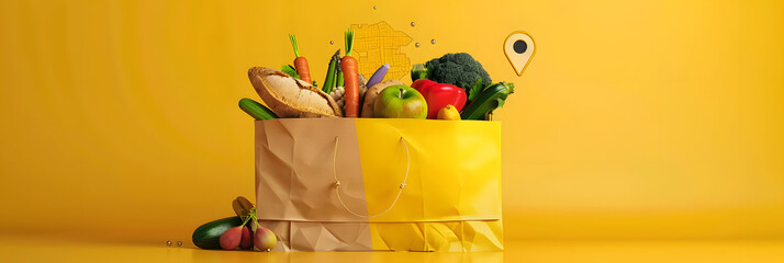 Wall Mural - Paper shopping bag full of groceries - vegetables, fruit and bread - and a large 3d Pin with a map above the bag on a solid bright yellow background