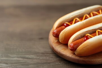 Wall Mural - Close-up of delicious hot dogs with mustard and ketchup on a wooden plate, perfect for barbecue and fast food concepts. Independence Day, July 4. Traditional American Memorial Day