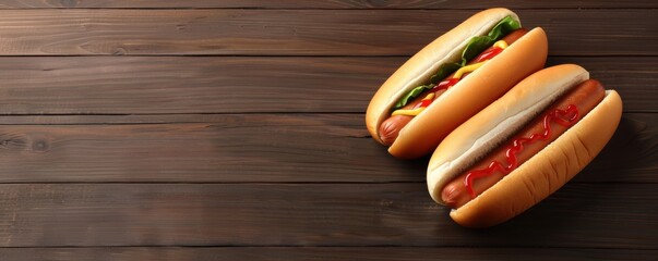 Wall Mural - Two delicious hot dogs with various toppings on a wooden table, perfect for a summer picnic or barbecue. Independence Day, July 4. Traditional American Memorial Day