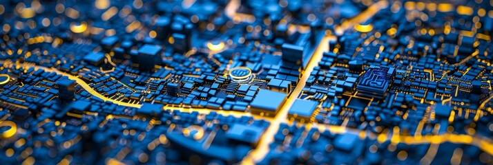 Poster - Hyper realistic close up view of computer chip with intricate circuitry and soft glowing details
