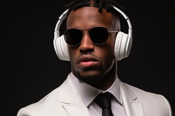Wall Mural - A man wearing a white suit and sunglasses with headphones on