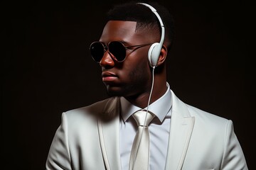 Wall Mural - A man wearing a white suit and sunglasses with headphones on