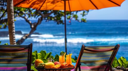 Wall Mural - A pair of colorful beach chairs set up under an umbrella facing a stunning ocean view with a mocktail in hand and a plate of tropical fruits on a nearby table.