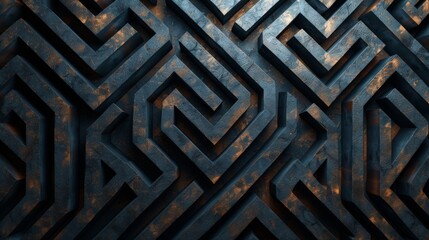 A close-up view of a 3D metallic maze, featuring intricate design and a weathered, textured surface. The mazes dark blue and copper hues create a striking contrast