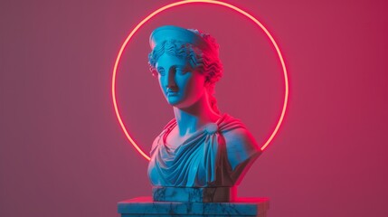 Neon Greek Goddess Bust with Glowing Halo in Modern Art Display