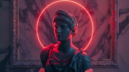 Neon-Lit Marble Statue in Modern Art Display with Halo Lighting Effect