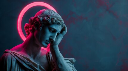 Classical Statue with Neon Halo: Modern Art Fusion of Ancient Sculpture and Contemporary Lighting