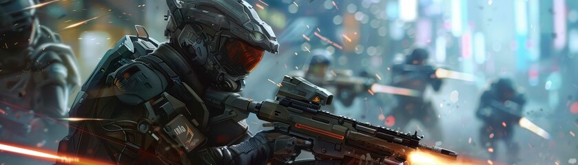Futuristic soldiers in high-tech armor engage in an intense urban battle, showcasing advanced weaponry and tactical combat in a sci-fi setting.