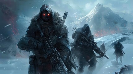 Futuristic warriors in a snow-covered landscape, armed and ready for battle, with glowing red eyes under ominous skies.