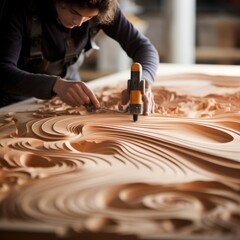 Poster - Precision cnc router carving detailed design into wood with intricate lines and textures