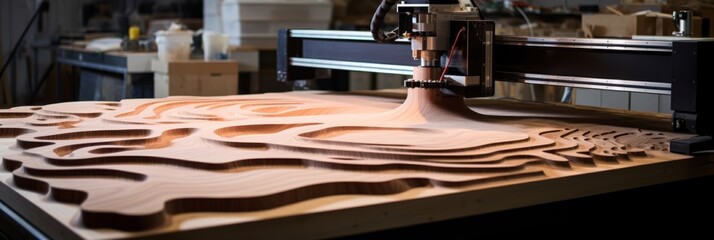 Poster - precision cnc router carving detailed design on wood with intricate lines and textures