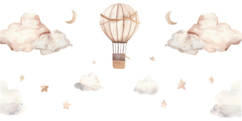 watercolor clipart of hot air balloons, clouds and stars in neutral tones on a white background