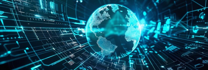 Poster - Glowing digital Earth with circuit lines - A conceptual digital representation of Earth with glowing circuit lines, symbolizing global connectivity