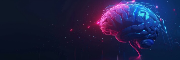 Poster - neon-lit digital brain illustration - a high-tech digital representation of a human brain lit by neo