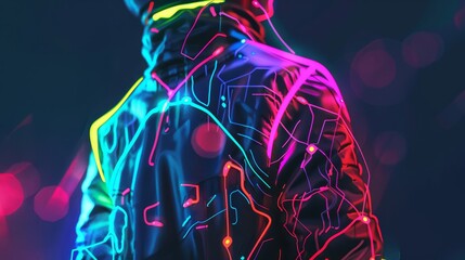 Poster - Neon outlined human figure with digital circuitry - A human figure is outlined with bright neon lines interwoven with digital circuit patterns